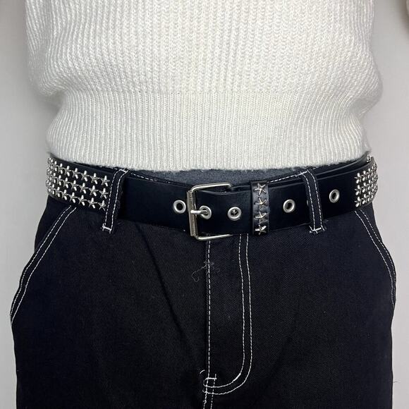 y2k style round studded vegan leather black and silver star studded grunge belt - Picture 1 of 5